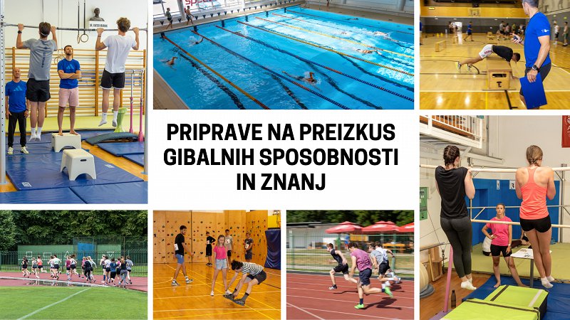 Kolaž slik z različnimi testi, ki se opravljajo na preizkusu gibalnih sposobnosti in znanj